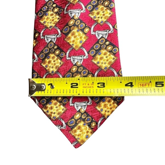 Celine Red & Gold Horse Bit 100% Silk Men’s Neck Tie - Picture 4 of 11